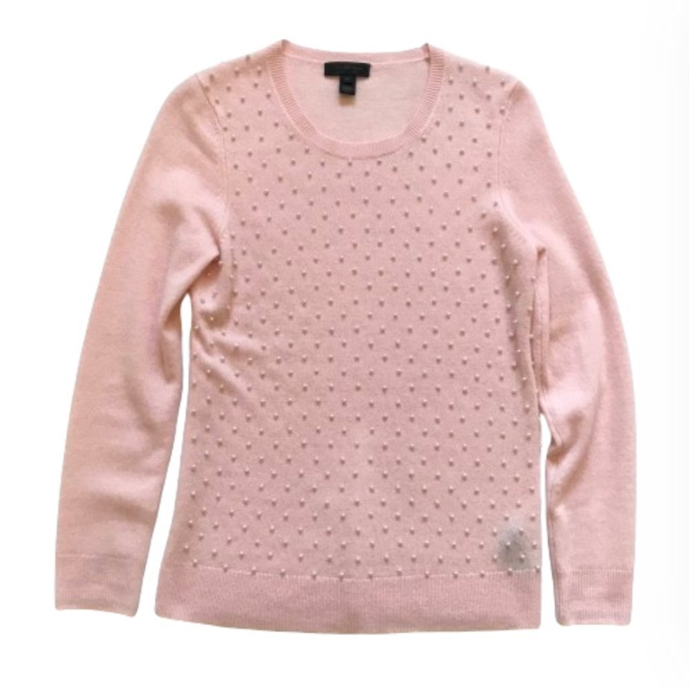 Saks Fifth Avenue Cashmere Sweater Womens Small Pink Crew Neck Pearl Beads Knit